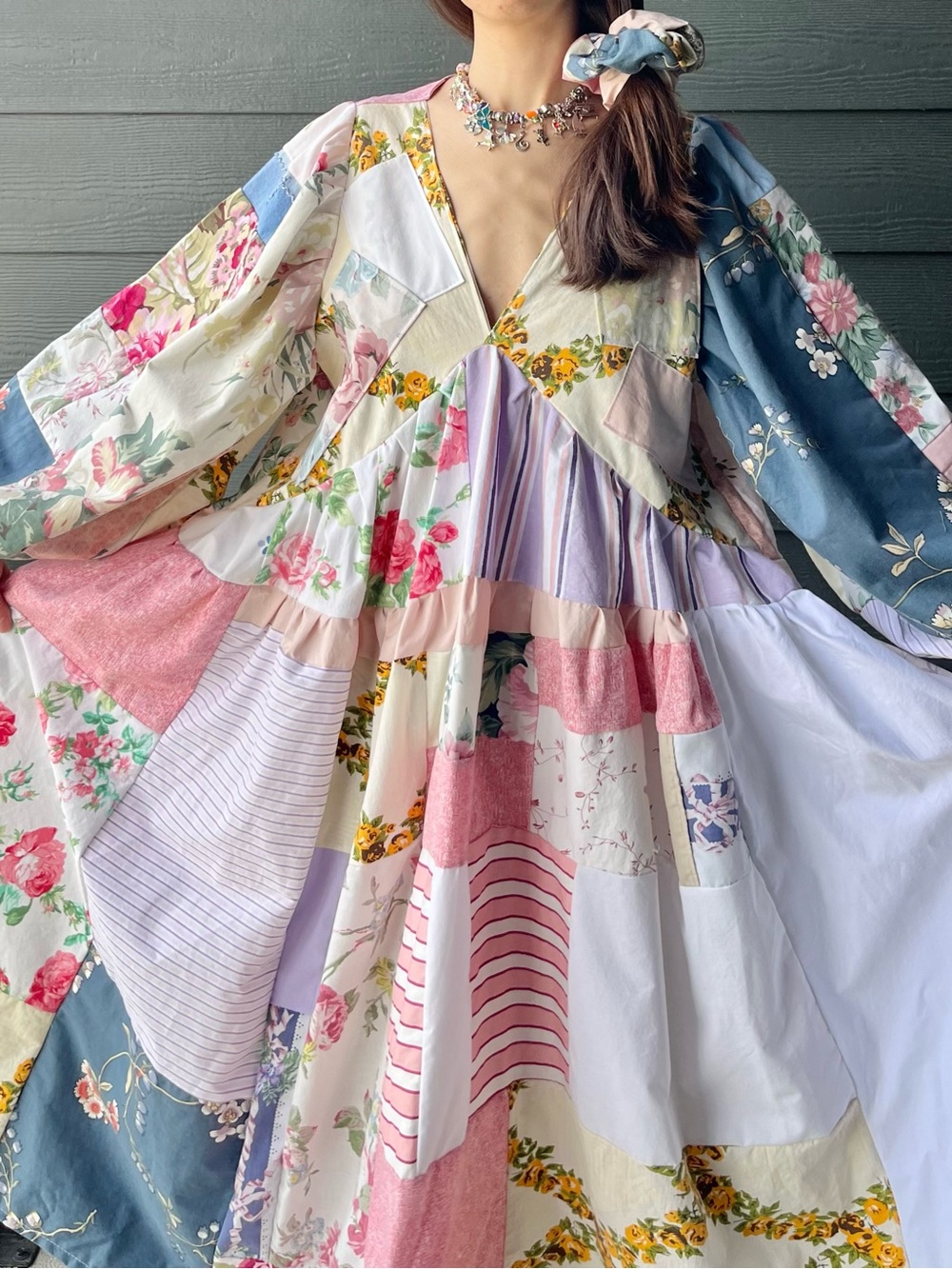 Cloudy Dress | Handmade V-Neck Patchwork Dress | SKU 07303